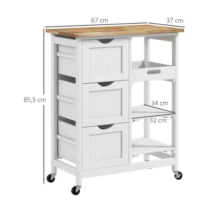 Carrinho de Cozinha com Rodas - 67x37x85,5 cm - Branco