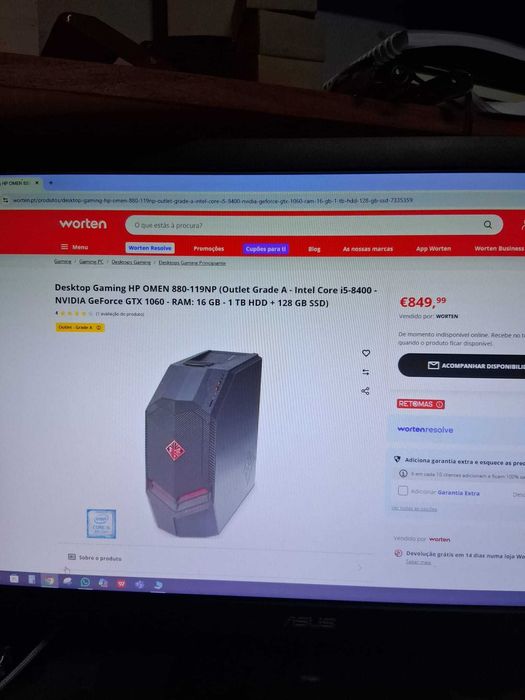 Computador HP OMEN 880 + ecrã Asus  22" + teclado hp + rato