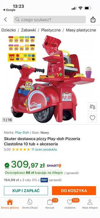 Skuter dostawca pizzy Play-doh Pizzeria.  Jezdzik rowerek czerwony