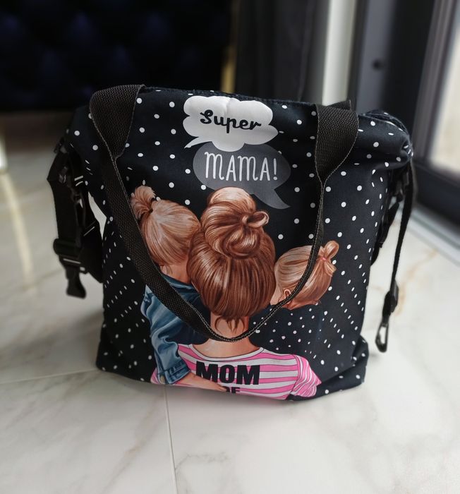 Torba czarna mom super mama w kropki na wózek podróżna pakowna duża