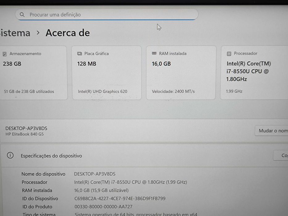 HP EliteBook 840 G5 i7 nvme 256Gb ram 16GB Full HD # bateria NOVA