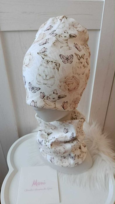 Komplet wiosenny dziewczęcy czapka komin króliczki motylki 0-6 mies.