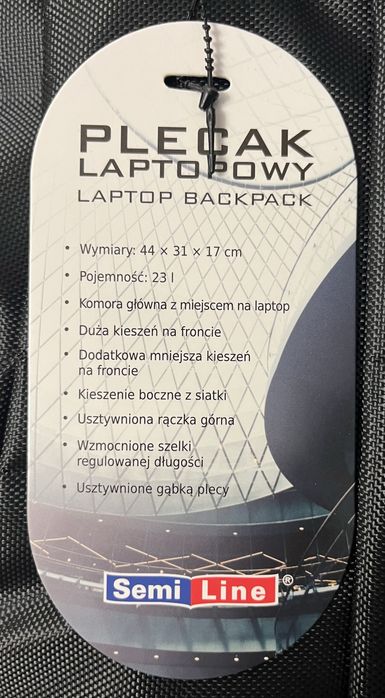 Plecak Miejski Czarny Na Laptopa Laptopowy 15,6 cala 23l Semi Line