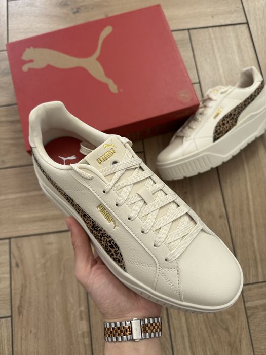 Nowe Skórzane Trampki Damskie Puma na Platformie Panterka Kremowe 41