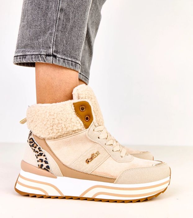 Beżowe sneakersy wysokie ocieplane z kożuszkiem Mirasen