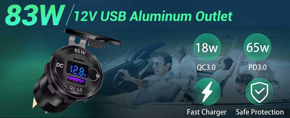 Врізна автомобільна  швидка турбо зарядка QC 3.0 з вольтметром Для смартфонів планшетів і т.д.