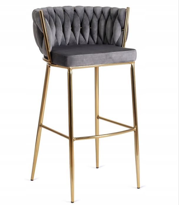 Хокер Барний стілець зі спинкою Плетені Золоті Ноги Велюровий Сірий