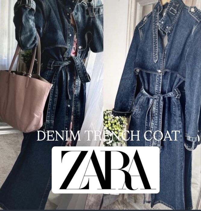 Długi płaszcz jeansowy Zara denim jeans oversize xl L m z paskiem jesienny płaszcz modny 100% bawelna cotton