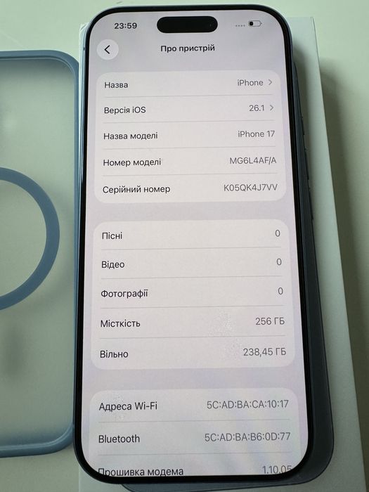 Iphone 17 mist blue 256 gb, ідеальний, офіційний, фіз сім + є сім