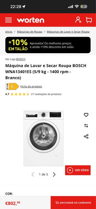 Máquina de Lavar e Secar Roupa BOSCH WNA13401ES (5/9 kg - 1400 rpm