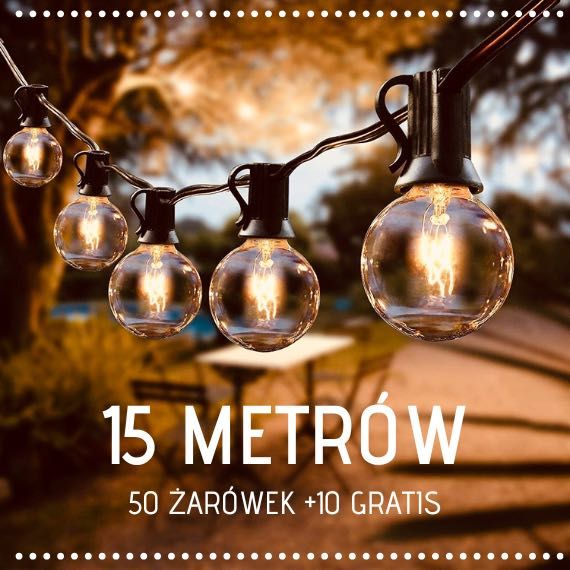 GIRLANDA OGRODOWA 15m 50 ŻARÓWEK G40 Retro Klimat + Gratis Wysyłka 24H