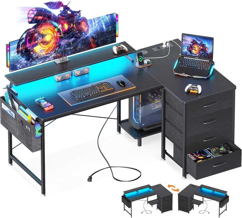 Mesa de gaming secretária preta com LED vários acessórios [2 tamanhos]