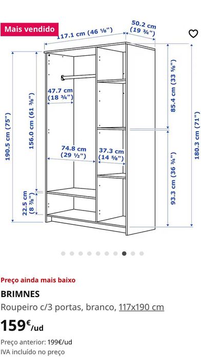 Roupeiro c/3 portas, branco, IKEA (BRIMNES)