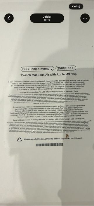 NOWY Laptop Apple MacBook Air 15.3",  M3, 8GB RAM, 256GB SSD macOS 100% Oryginał