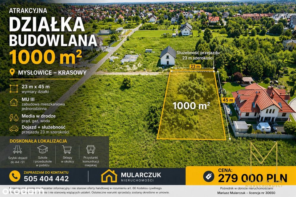 Działka budowlana 1000 m² Mysłowice-Krasowy Media