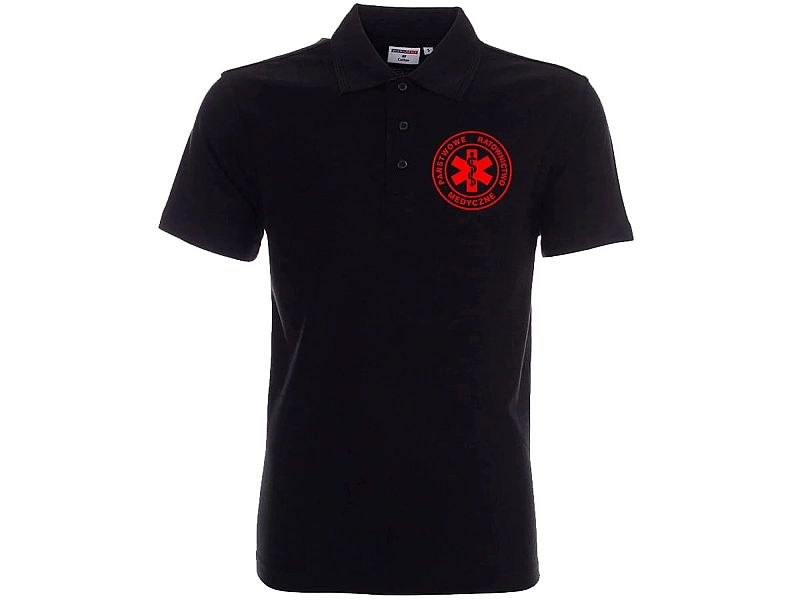 Koszulka Polo ratownicza czarna męska FUNKCYJNA - nadruk FLUO przód (X