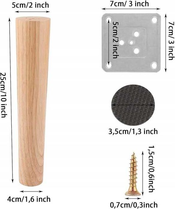 AKOLAFE Drewniane nogi meblowe dąb 25 cm 4szt.