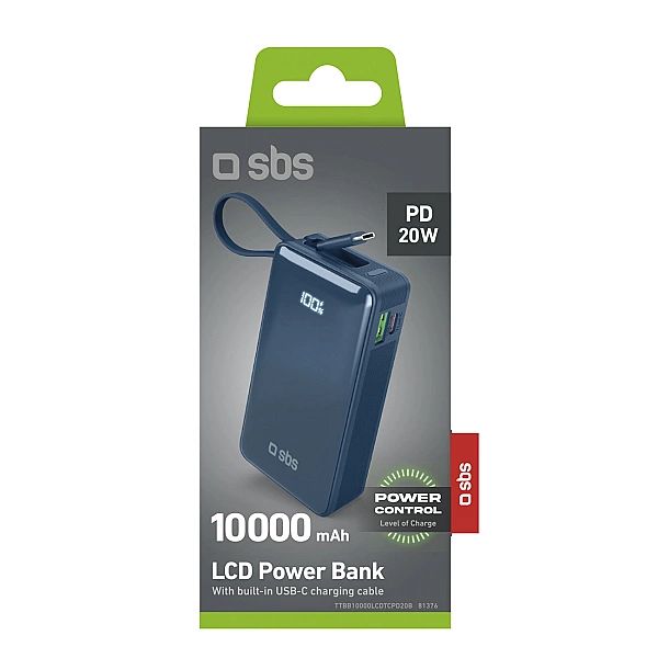 Powerbank SBS 10000 mAh 20W z wbudowanym kablem USB-C i wyświetlaczem