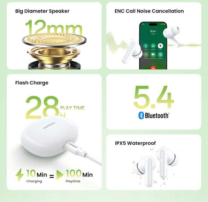 UGREEN Навушники P3 HiTune TWS ENC IPX5 Bluetooth 5.4 0,06s