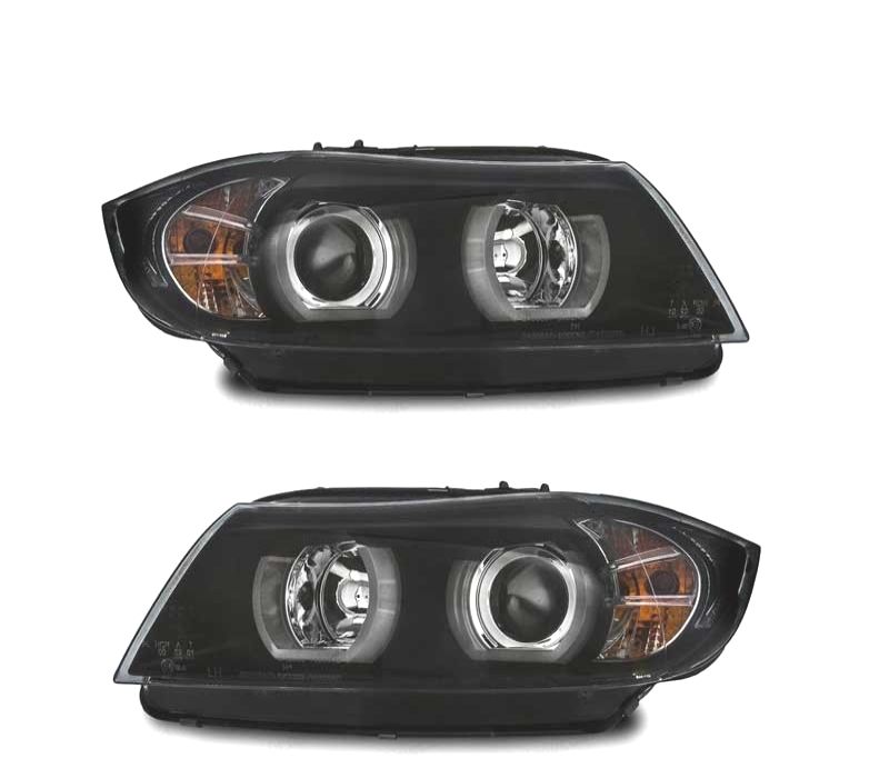 FARÓIS BMW E90 E91 05-08 XENON ANGEL EYES U LED 3D NEG