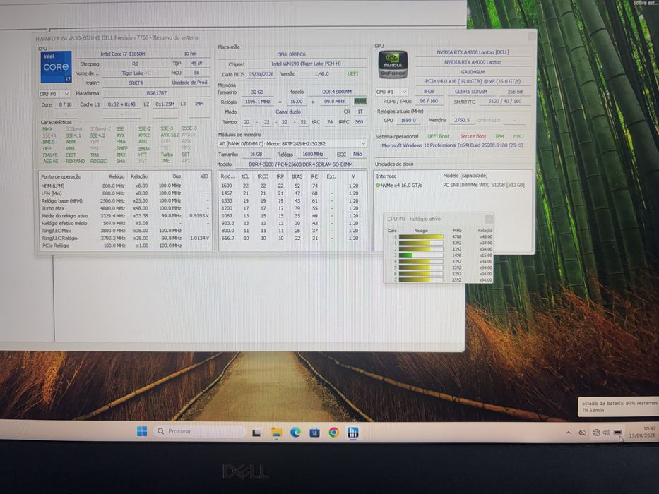 Dell Precision 7760 | i7 11ª Gen | RTX A4000 8GB | 32GB RAM | 512GB SSD | Estado Impecável (Grau A+)