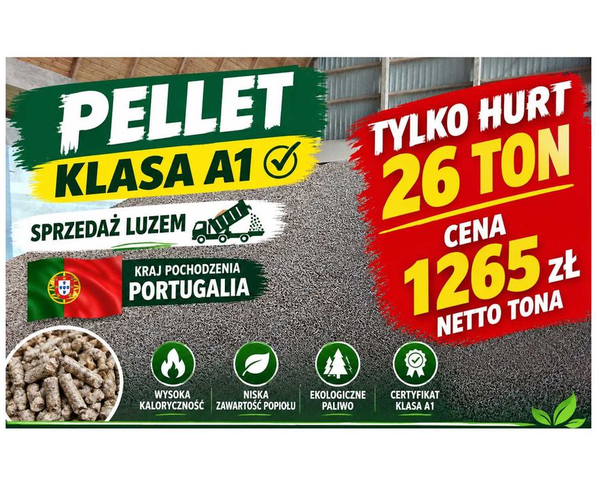 PELLET Drzewny Klasy A1 / Portugalia / 6mm - 26 ton - Dostawa Luzem - Duże Ilości - Wysoka jakość / Niska Cena