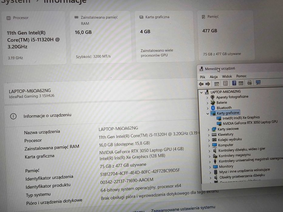 Laptop gamingowy  Lenovo IdeaPad Gaming 3 15IHU6