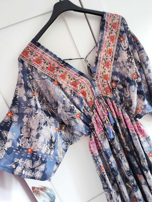Boho haftowana sukienka jedwab maxi na lato M L XL
