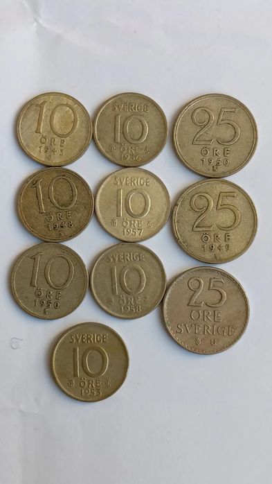 10 moedas da Suécia, em prata.