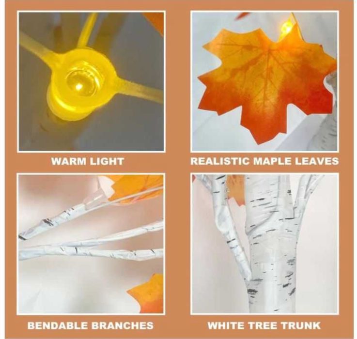 Dekoracyjne jesienne drzewko ozdobne z liśćmi klonu, 24 diody