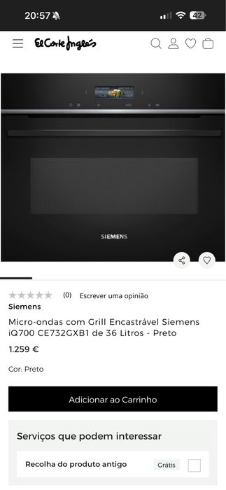 Micro-ondas com Grill Encastrável Siemens iQ700 CE732GXB1 de 36 Litros