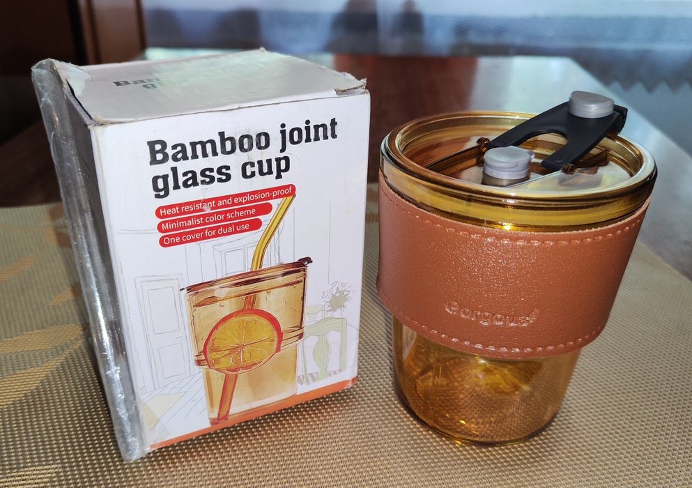 Термокружка універсальна з трубочкою 400 мл зі вставкою екошкіри