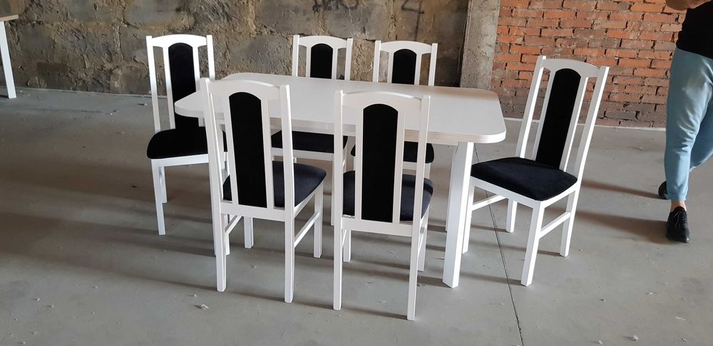 OD RĘKI: Stół rozkładany + 6 krzeseł, BIAŁY + CZARNY , dostawa cała PL