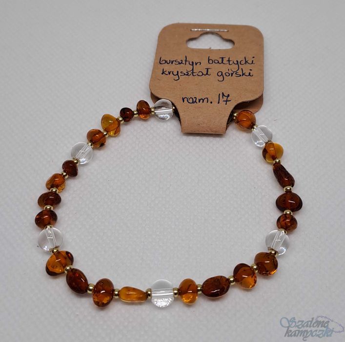 Bransoletka bursztyn bałtycki koniak, kryształ górski #116