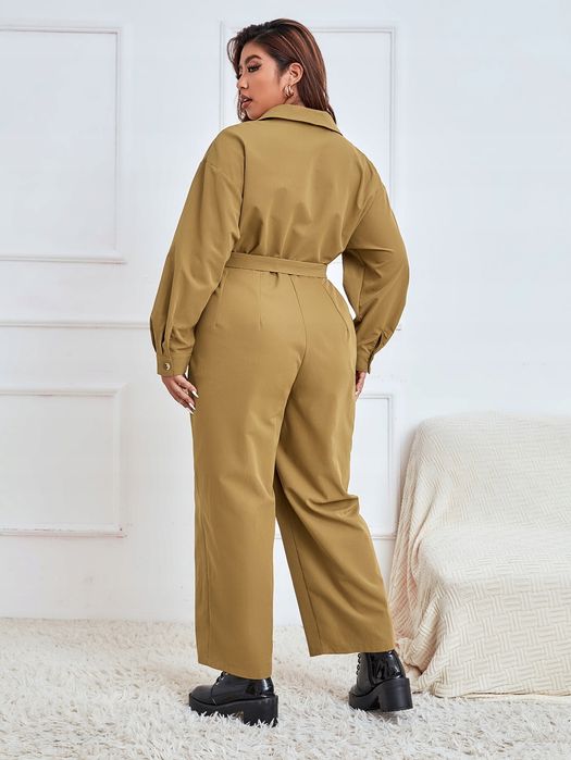 Kombinezon Koszulowy Z Kieszeniami Brązowy Casual Shein Xxl 44