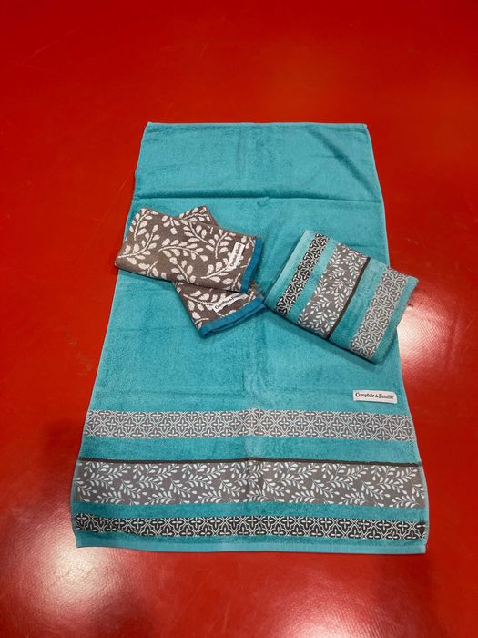Conjunto de 4 toalhas de banho, azuis e cinzentas, 100% algodão