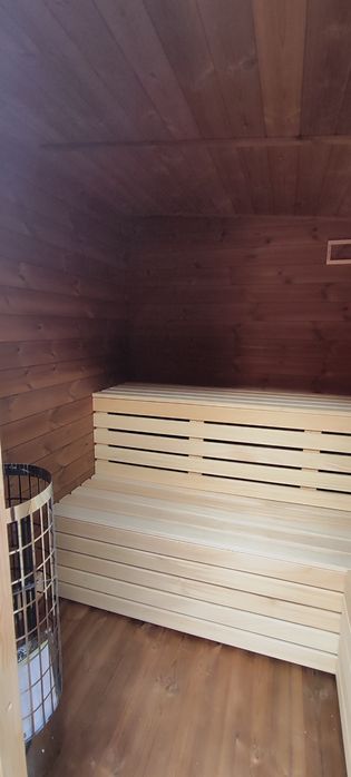 Sauna ogrodowa 215x215 cm | Modrzew | Termososna | Piec 6,8 kW BleBox