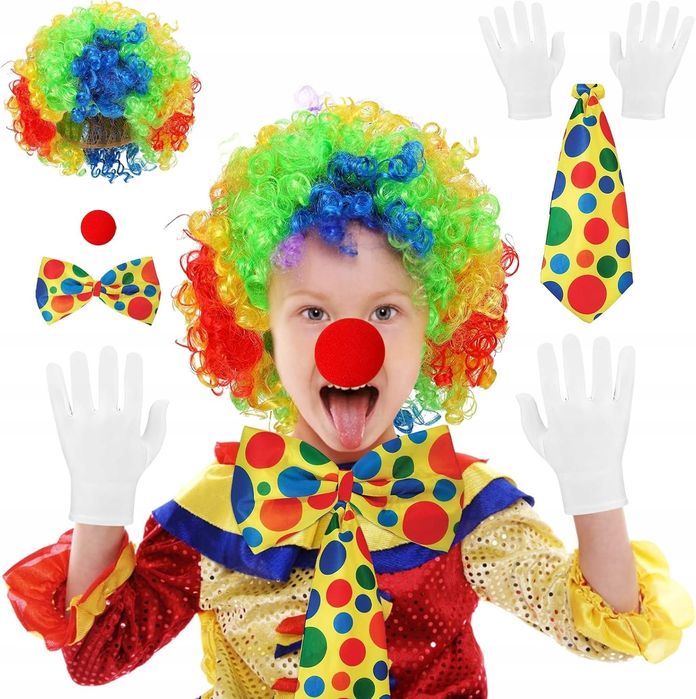Kostium przebranie klaun peruka nos mucha krawat rękawiczki