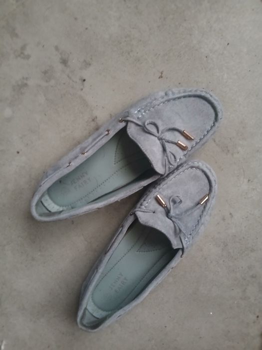 Mokasyny zamszowe błękitne z kokardą r.37 bdb