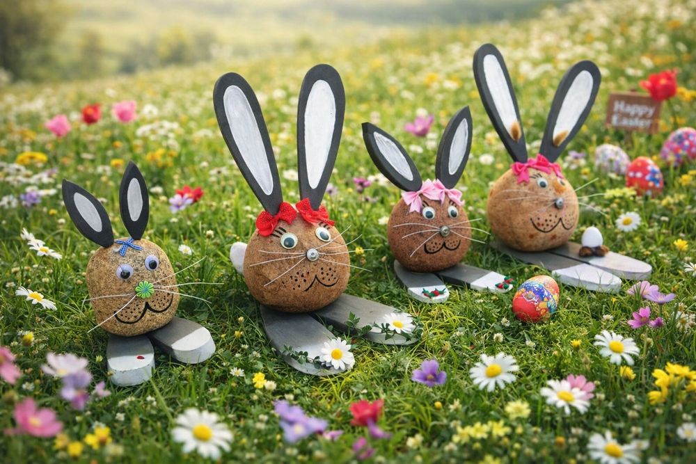 Zajączki wielkanocne z kamienia naturalnego i drewna