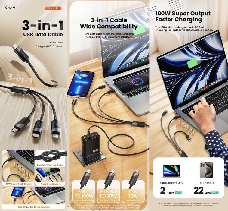 Кабелі TOOCKI/BASEUS, 2-in-1/3-in-1/3-in-2, 3.5A/6A/100W/240W