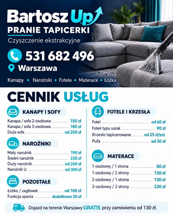 Pranie tapicerki meblowej • Kanapy • Materace • Narożniki • Warszawa