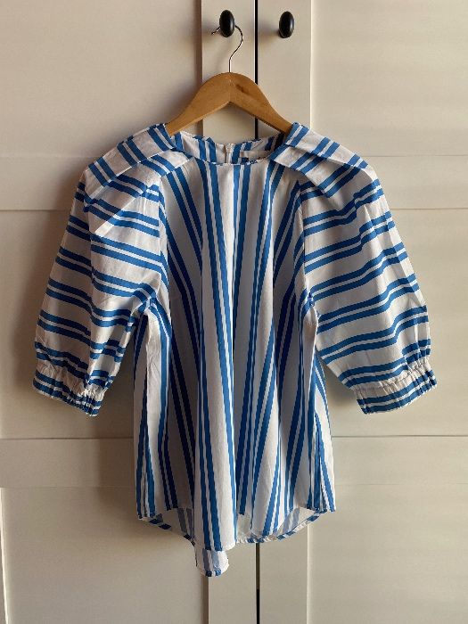 Bluzka H&M w paski biały niebieski szerokie rękawy 38 bawełna
