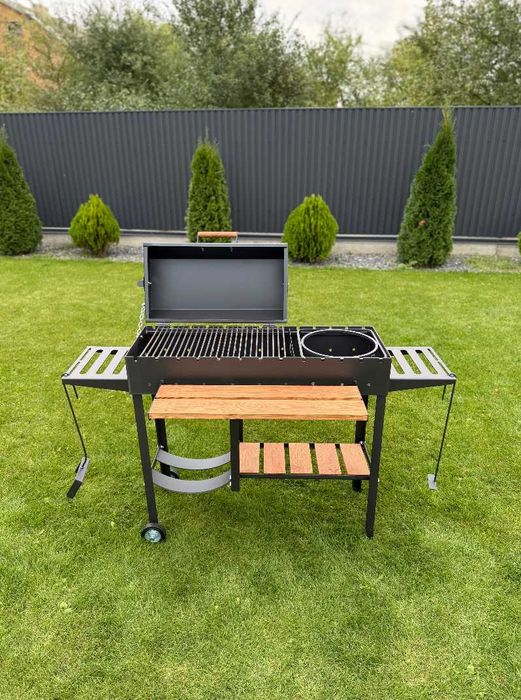 Мангал з кришкою для барбекю метал 5 мм на 13 шампурів з дрівницею