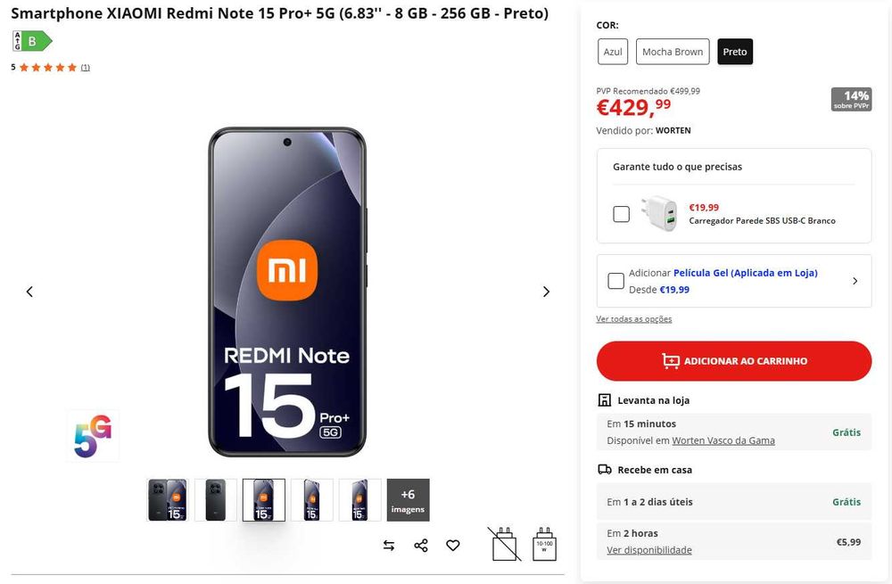 Xiaomi Redmi Note 15 Pro+ 5G – 256 GB / 8 GB RAM – Preto | Novo, caixa selada | 408,49€ - 5% DESCONTO