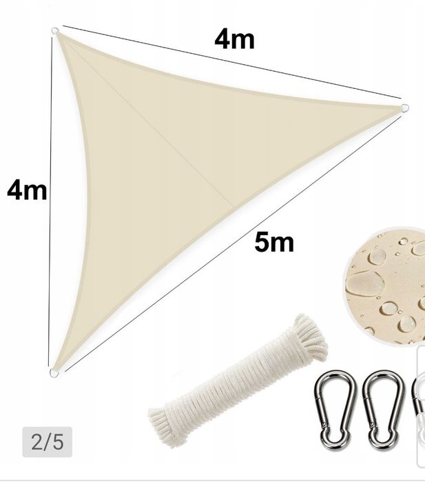 Żagiel ogrodowy, cieniujący, przeciwsłoneczny, markiza trójkątny na taras, nowy 3m×4m×4m beżowy