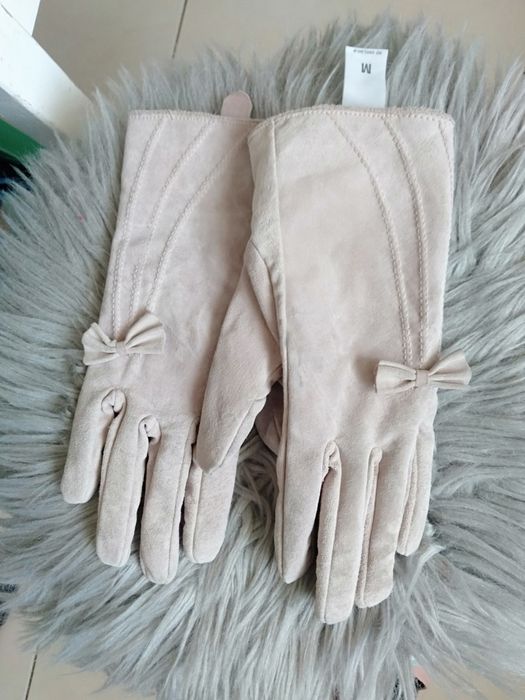 Rękawiczki skórzane, różowe z kokardką, Reserved, r.M