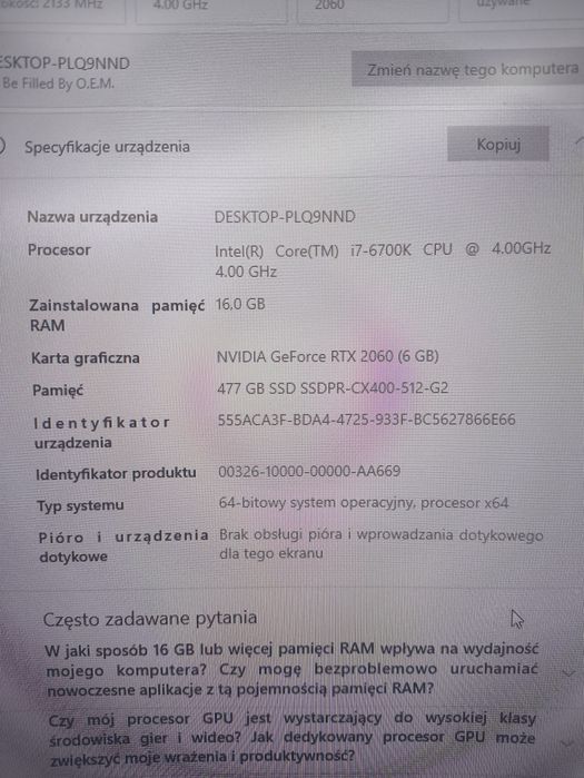 Komputer Gamingowy i7, 16GB Ram , RTX 2060 STAN Bardzo dobry