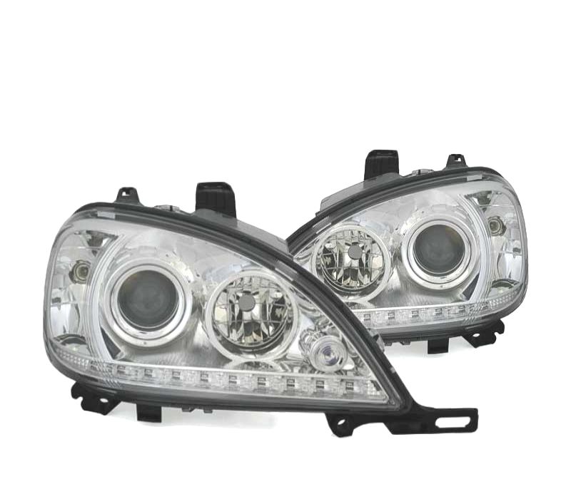 FARÓIS FRONTAIS LED LUZ DIURNA PARA MERCEDES ML W163- 98-01. FUNDO CROMADO