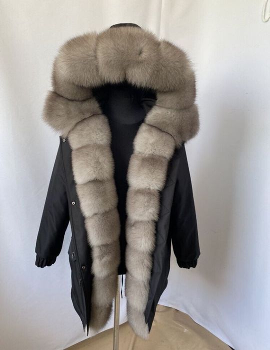 Жіноча чорна парка, куртка з фінським хутром песця під соболь, 42-60 р